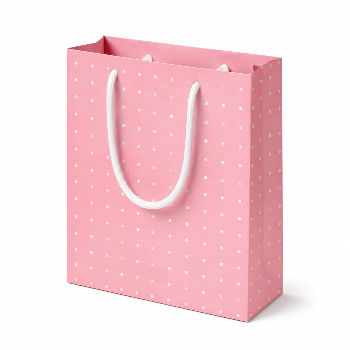 Sacchetto regalo 18 x 8 x 23 cm in carta rosa a pois bianchi con manici in corda