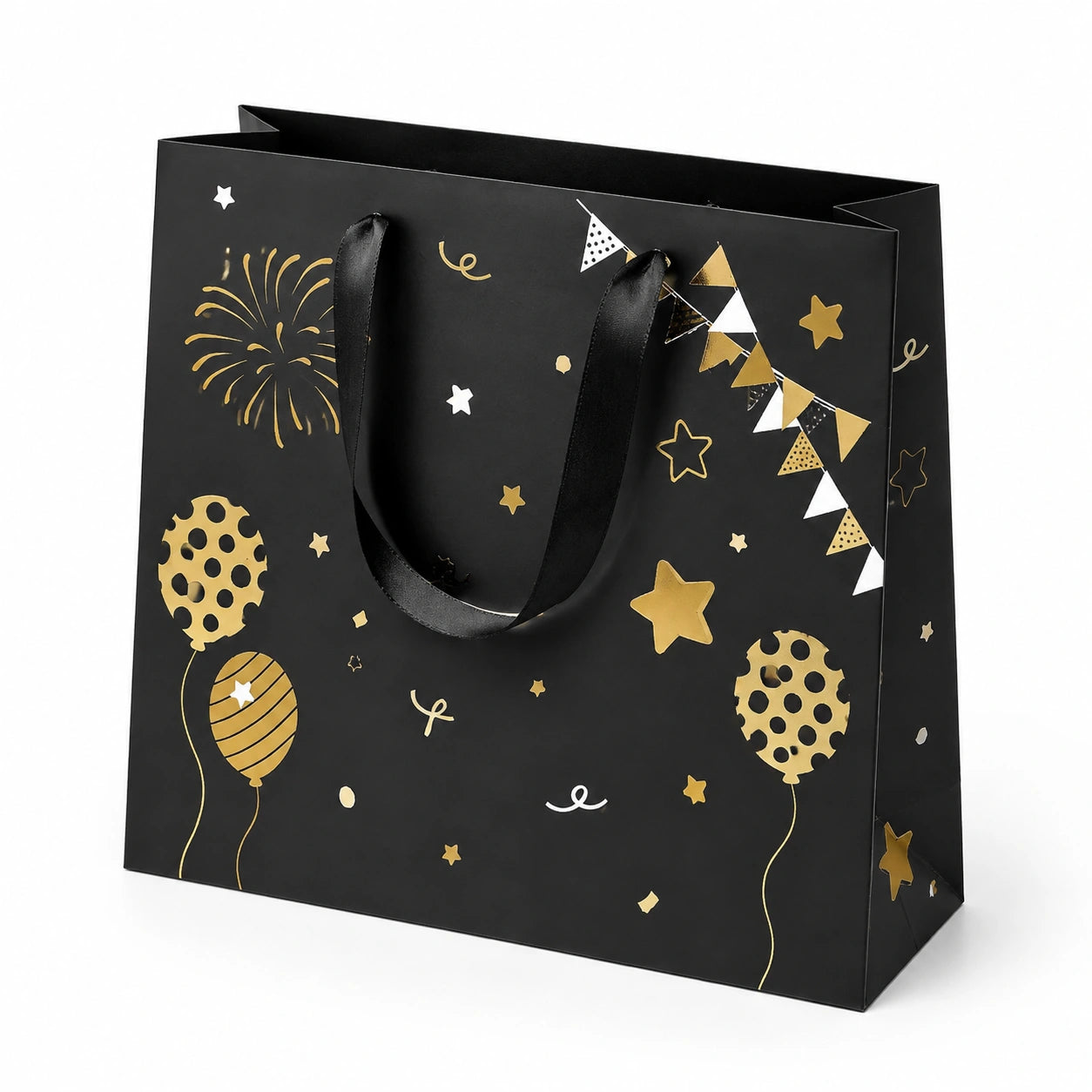 Borsa regalo 32 x 12 x 26 cm in carta nera con manici in nastro satinato stile festa