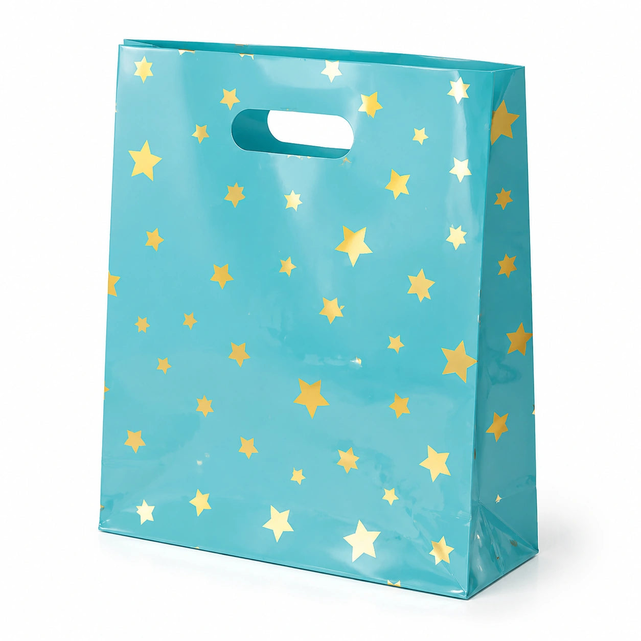 Sacchetto regalo 32 x 12 x 40 cm in plastica turchese con stelle - manico fustellato