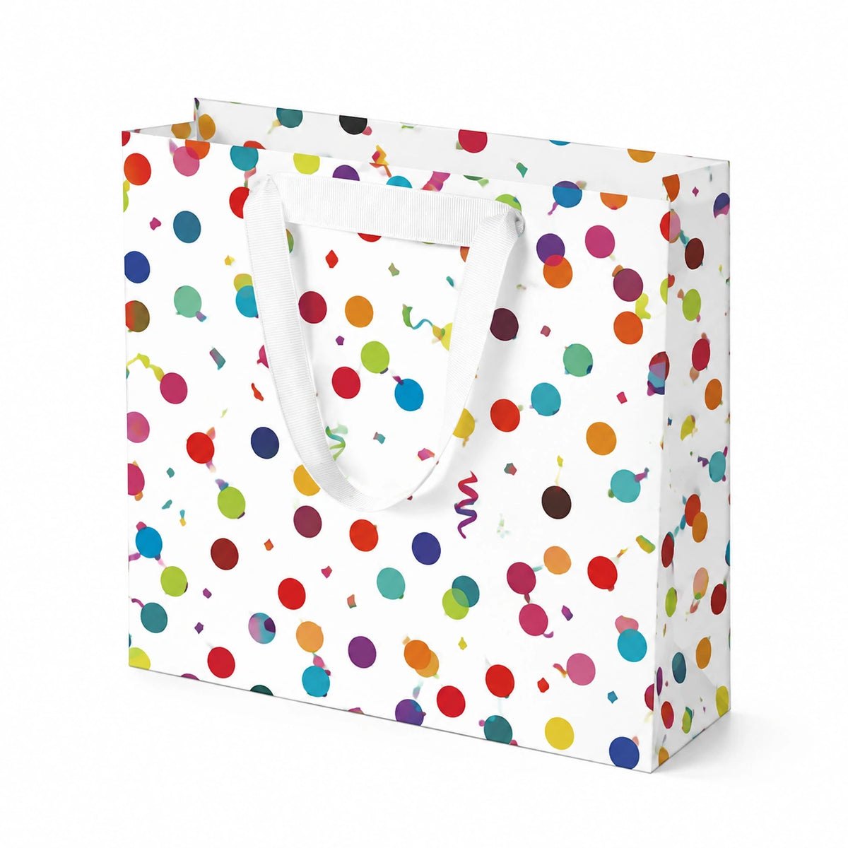 Borsa regalo 32 x 12 x 26 cm in carta bianca multicolore con manici in nastro - motivo coriandoli