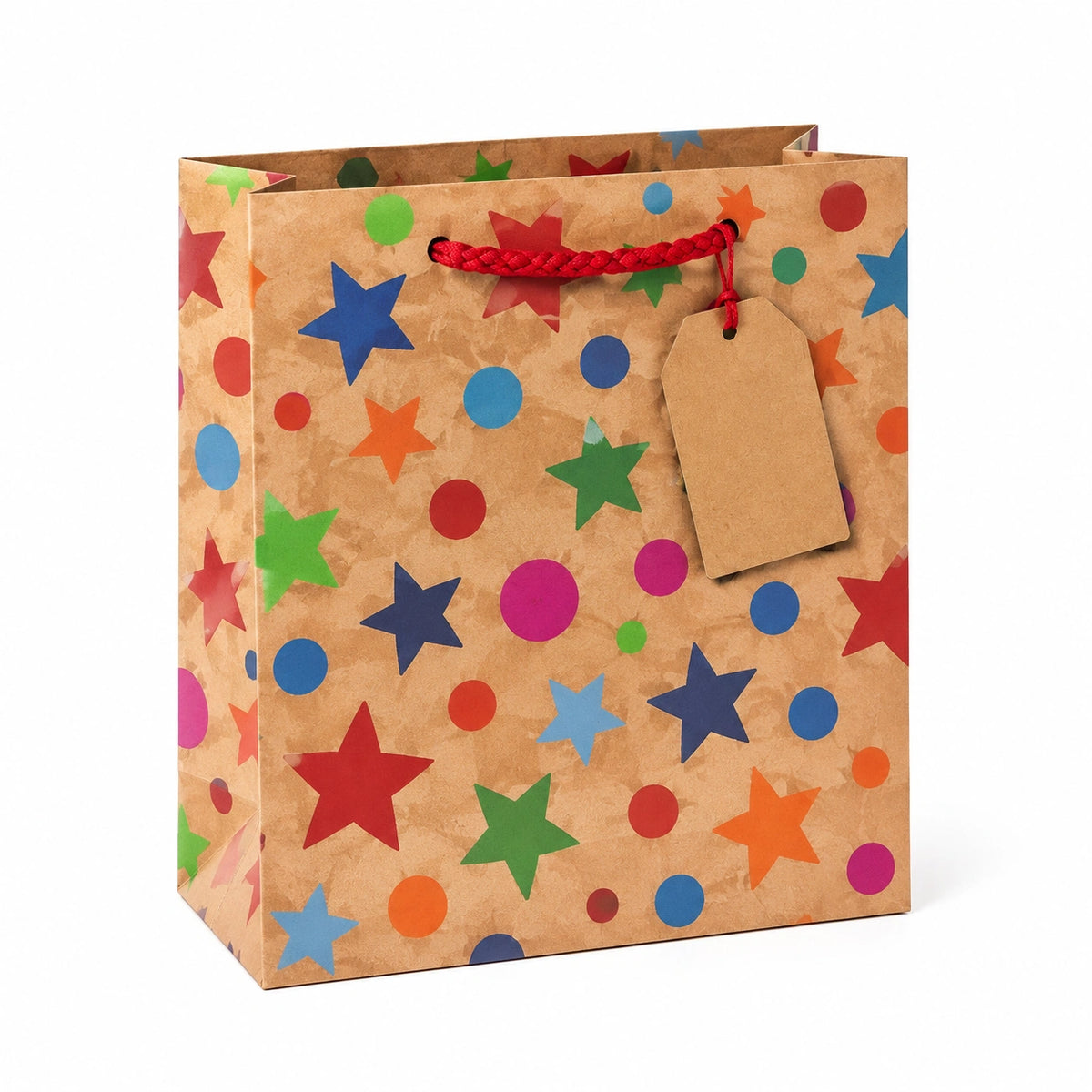 Sacchetto regalo 26 x 12 x 32 cm in carta kraft marrone multicolore con manici intrecciati stile festivo