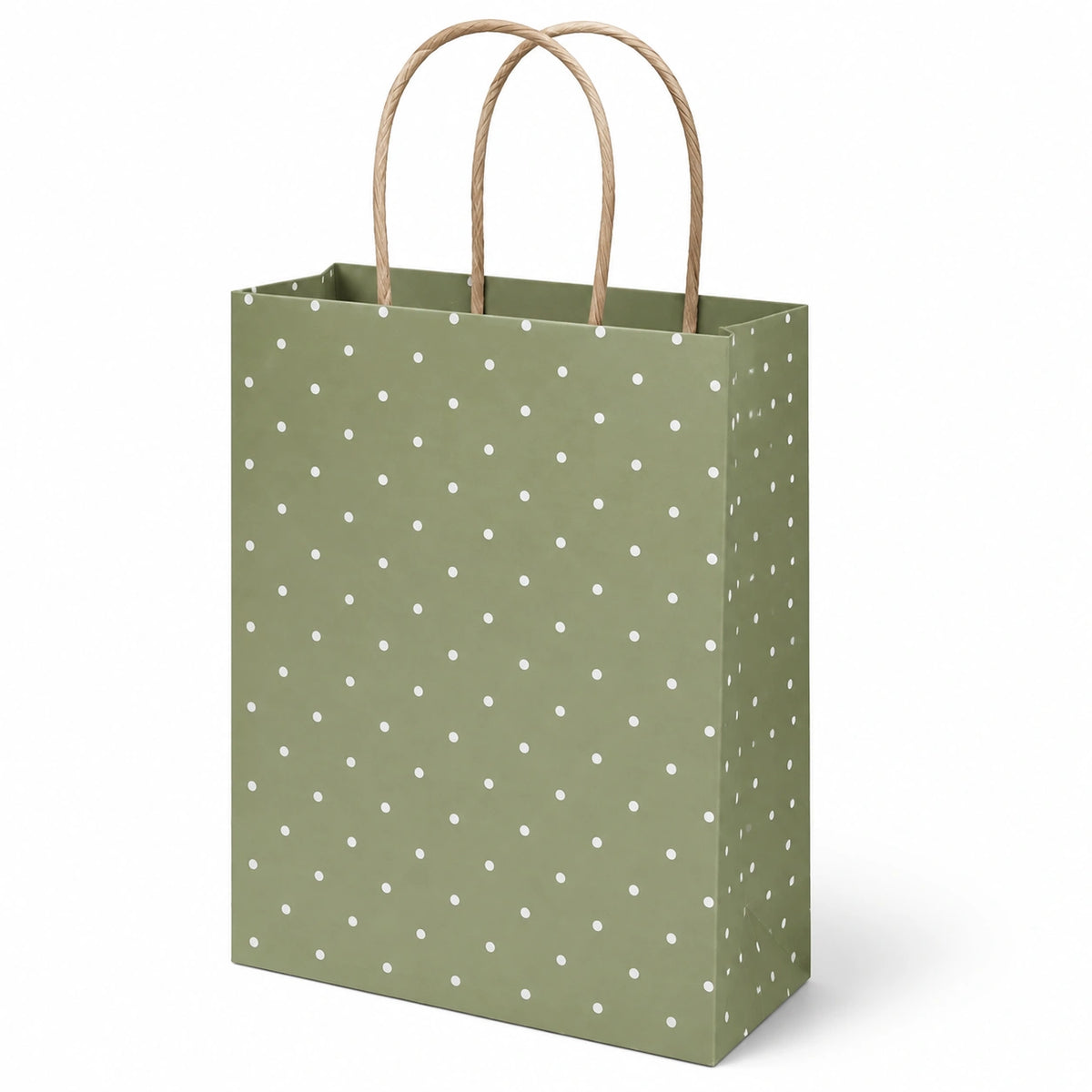 Sacchetto regalo 26 x 12 x 32 cm in carta verde a pois con manici in corda