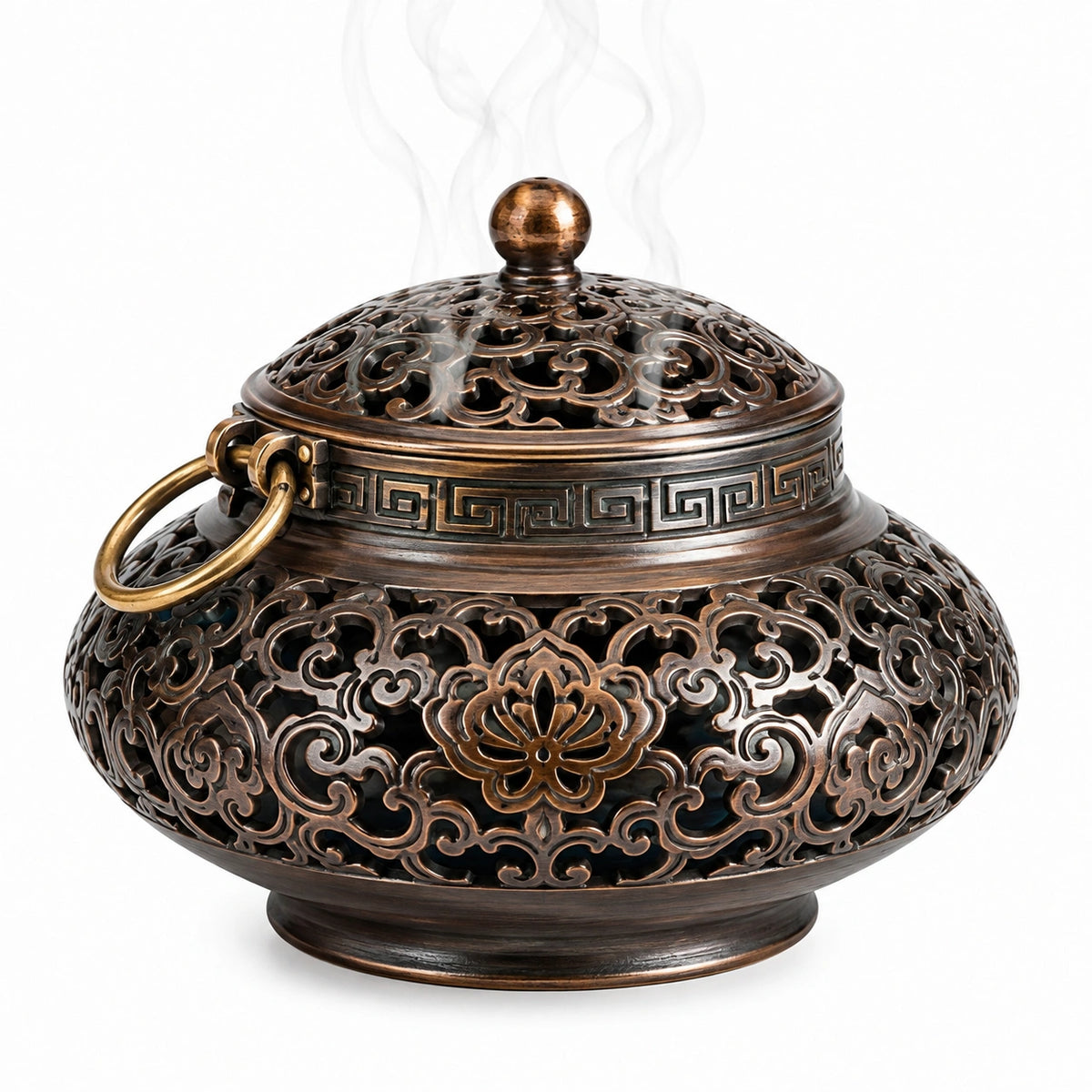 Bruciatore di incenso diametro 24 cm in metallo bronzo traforato con coperchio decorativo