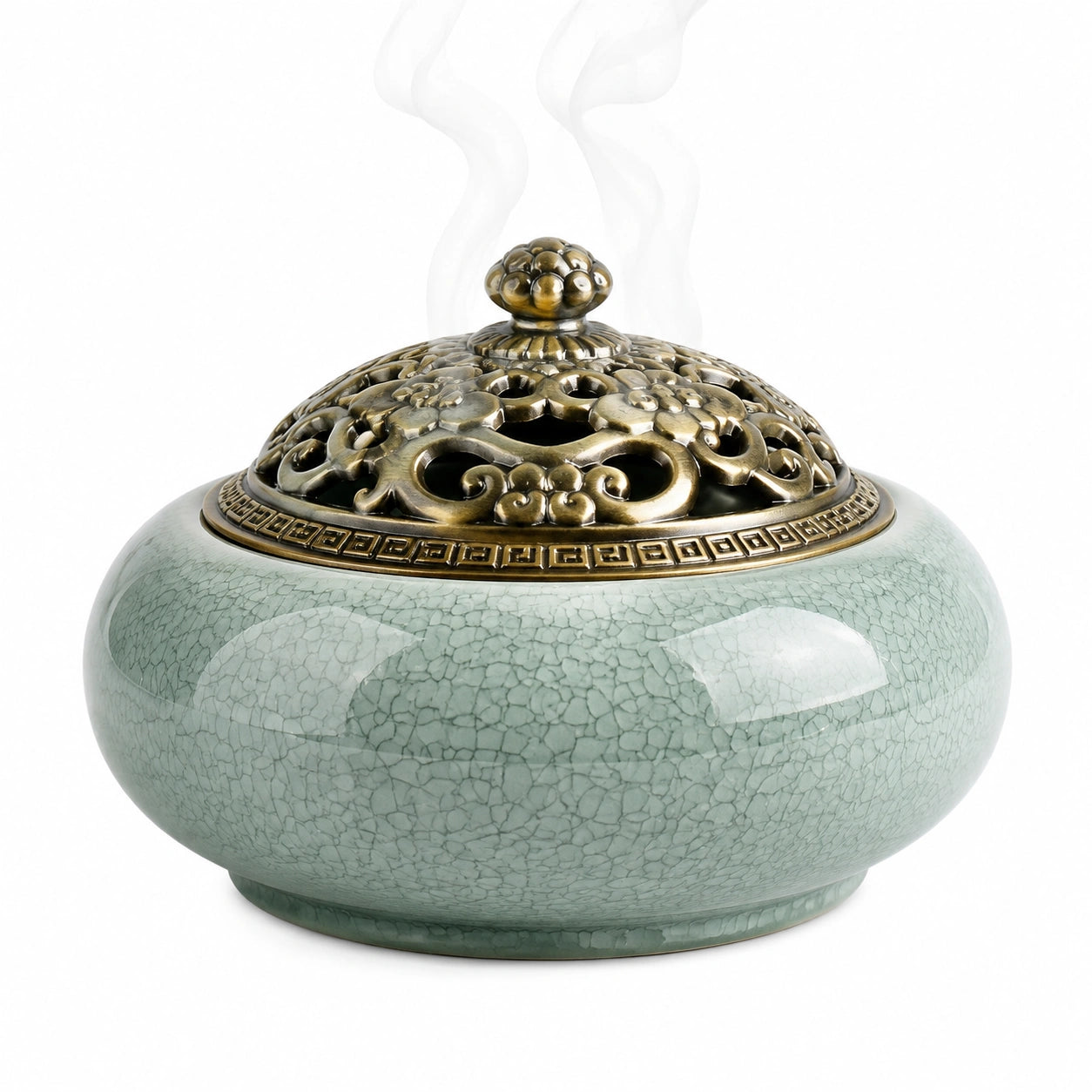 Bruciatore di incenso in ceramica verde 18 cm con coperchio traforato decorativo