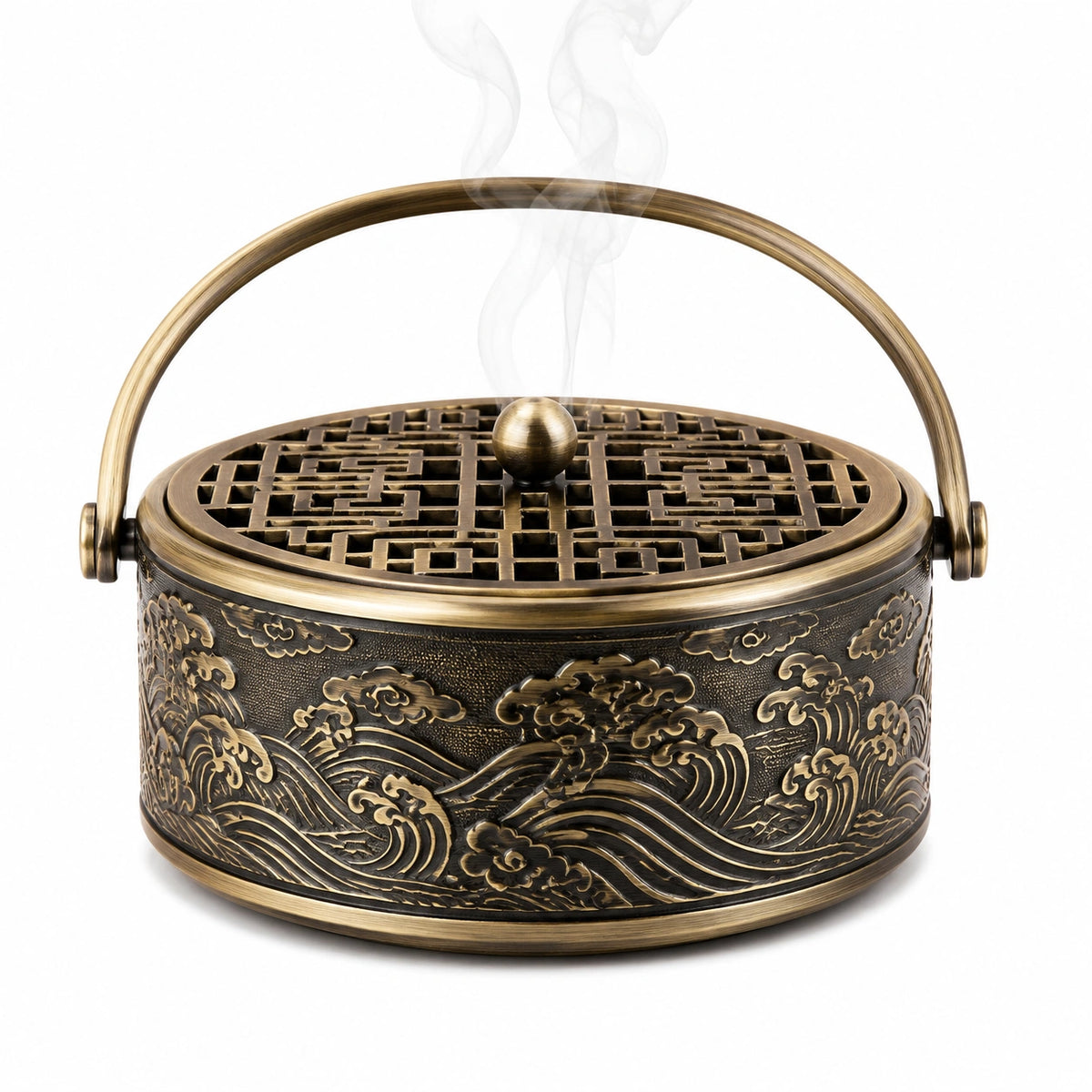 Bruciatore per incenso rotondo diametro 18 cm in metallo color bronzo con coperchio traforato decorativo