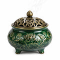 Bruciatore per incenso in ceramica verde diametro 18 cm con coperchio traforato floreale