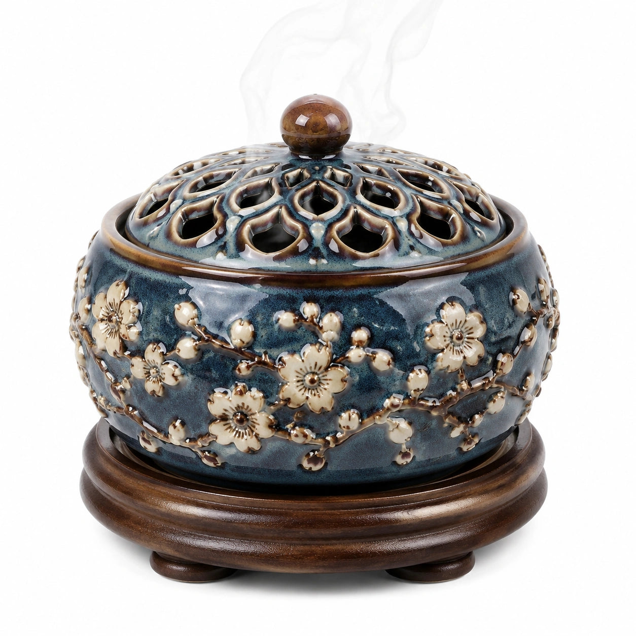 Bruciatore d'incenso in ceramica diametro 18 cm blu con base in legno e coperchio traforato floreale