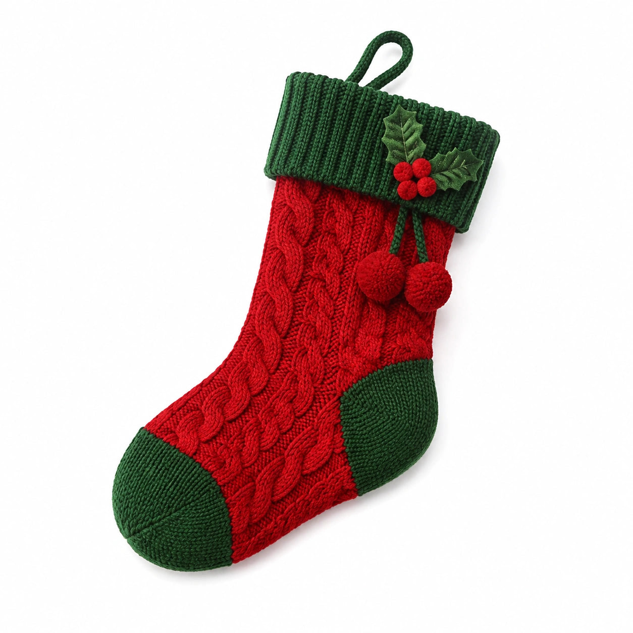 Calza natalizia decorativa 45 cm in filato rosso e verde con lavorazione a trecce