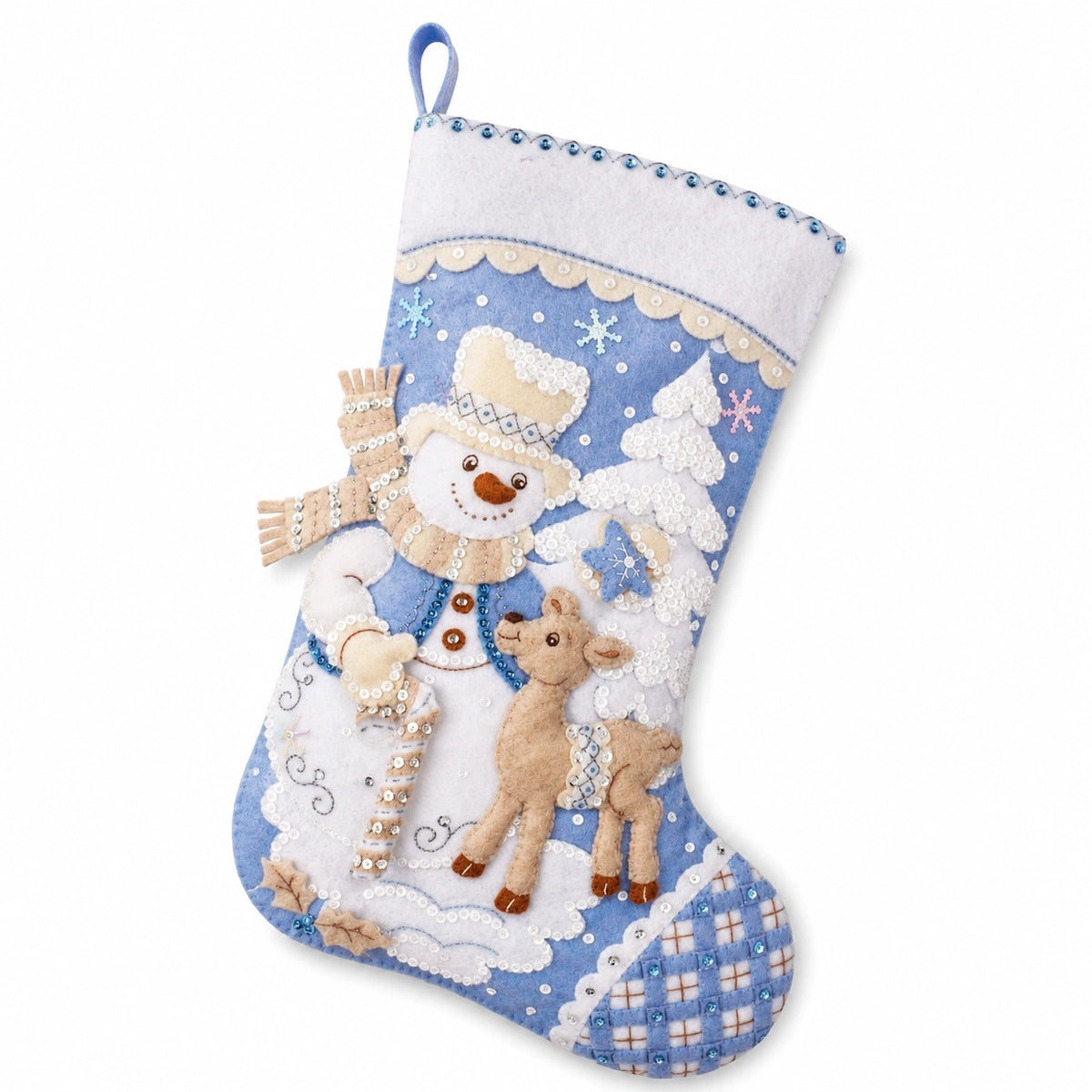 Calza decorativa natalizia 45 cm in feltro blu e bianco con laccetto - stile invernale
