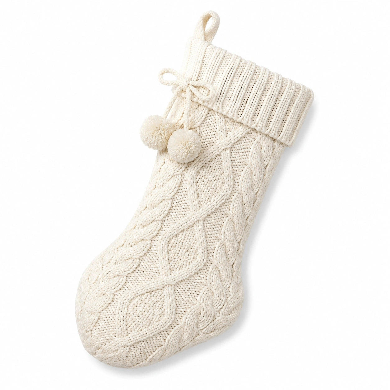 Calza decorativa 45 cm in tessuto lavorato color crema con trecce e pompon