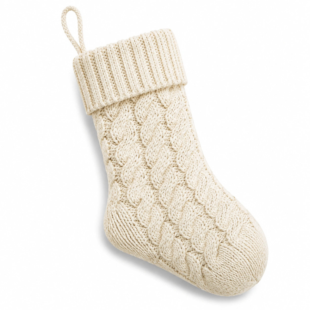 Calza decorativa 45 cm in filato color crema a maglia intrecciata con passante