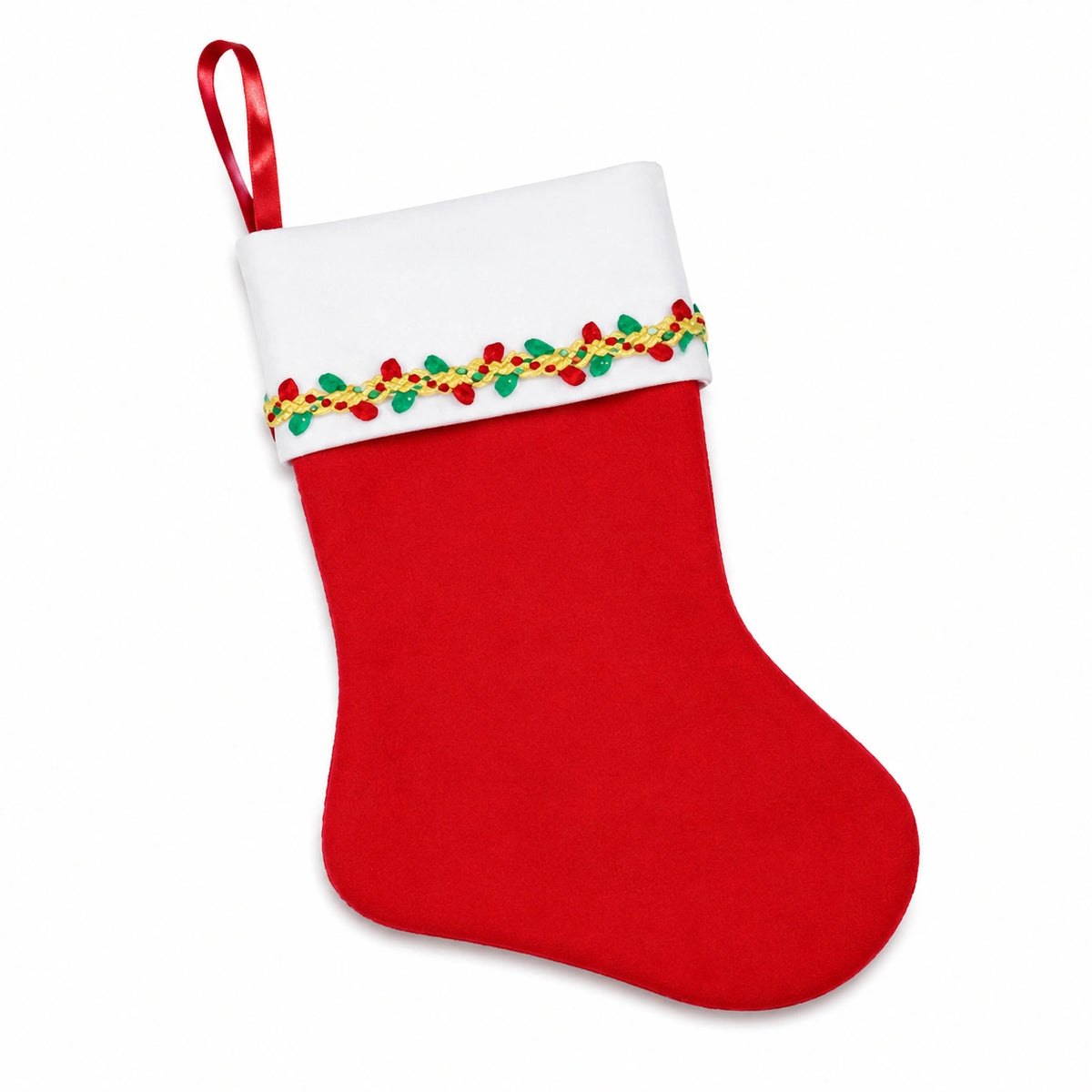 Calza natalizia decorativa taglia unica in tessuto rosso e bianco con passante