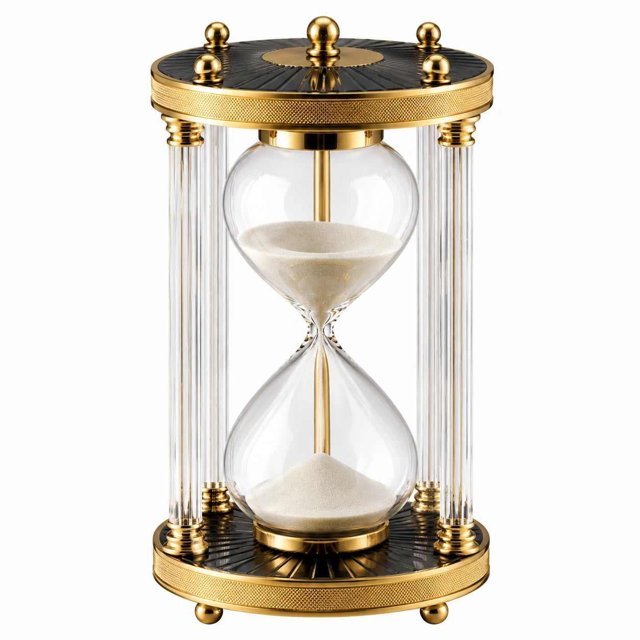 Clessidra decorativa 30 cm in vetro trasparente e metallo dorato con sabbia bianca