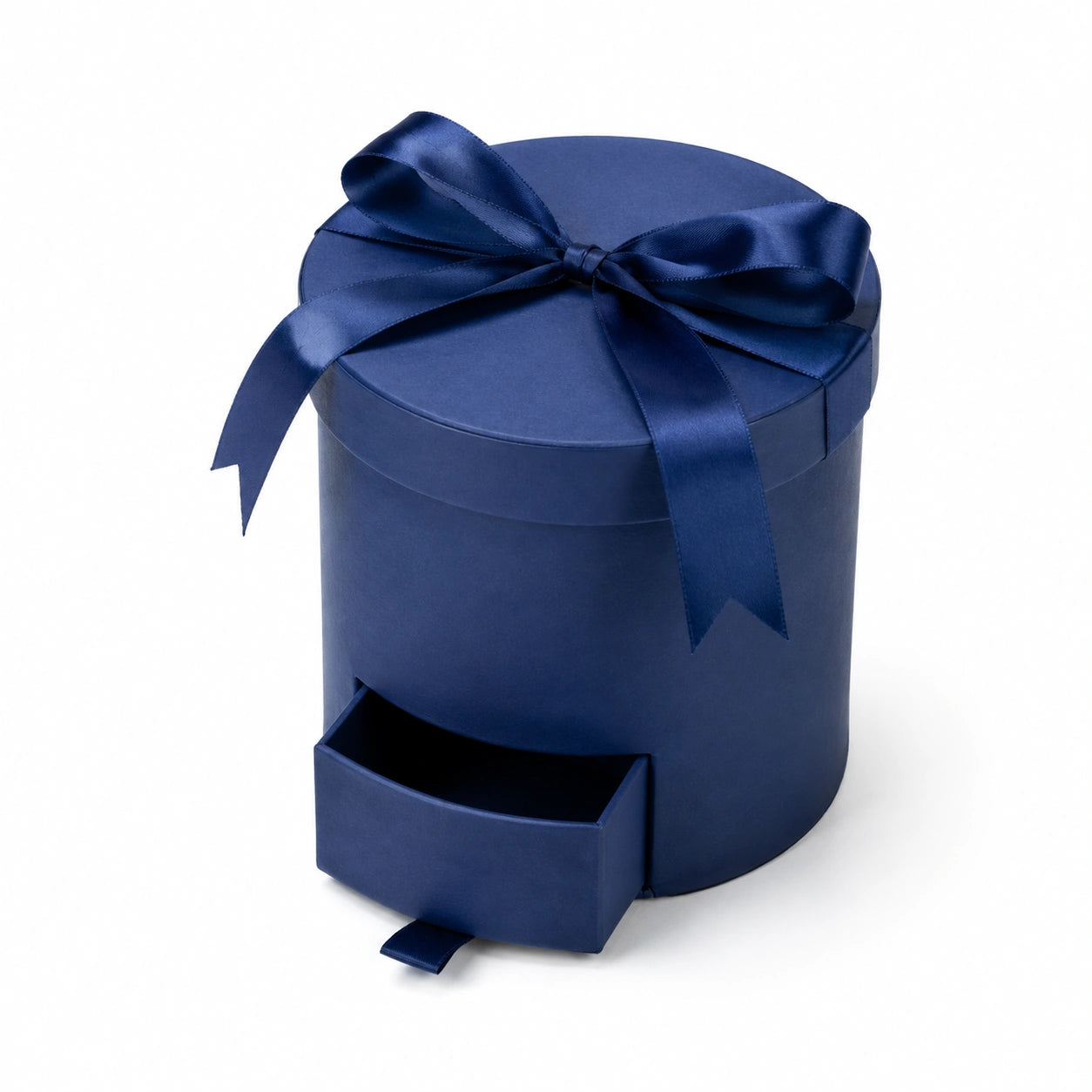 Scatola regalo rotonda 20 cm in cartone blu con cassetto e nastro decorativo