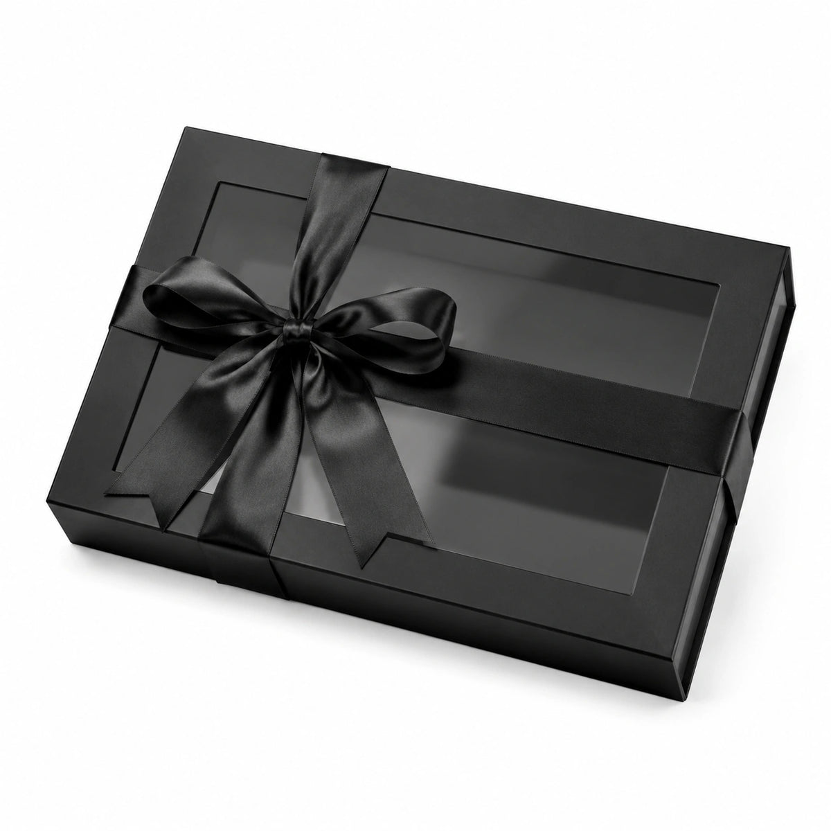 Scatola regalo 30 x 20 x 6 cm in cartoncino nero con finestra trasparente e nastro decorativo