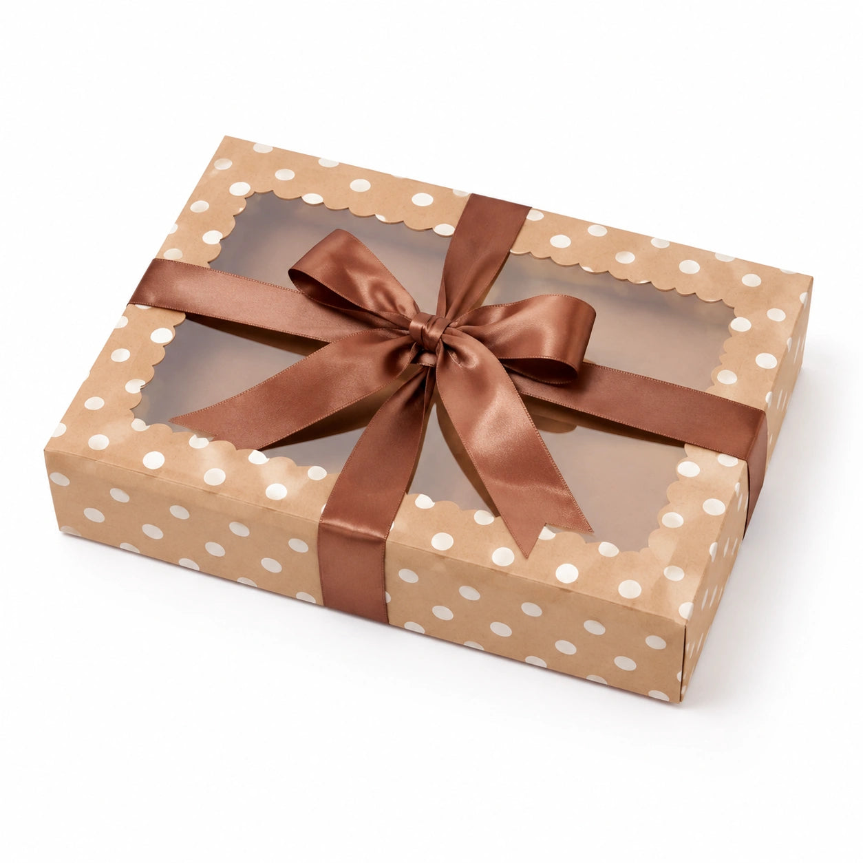 Scatola regalo 30 x 20 x 8 cm in carta beige e marrone con finestra trasparente e nastro decorativo